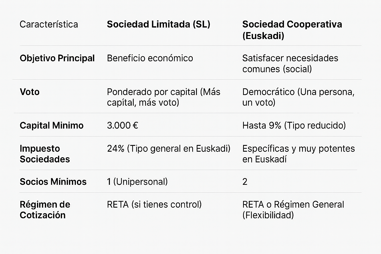 Comparativa entre Sociedad Limitada y Sociedad Cooperativa en Euskadi